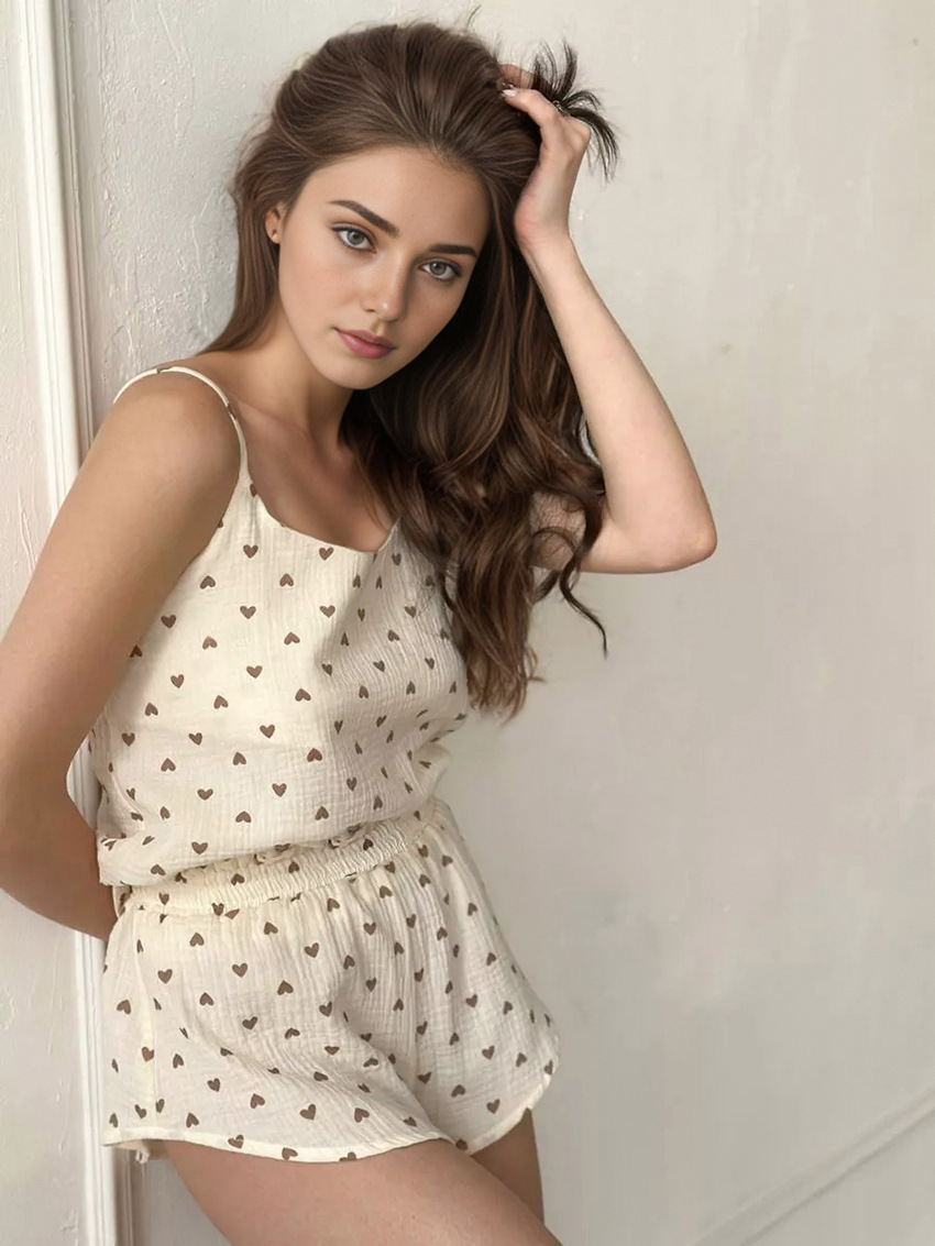 175g Weight Sleeveless Sleeve Length Pajamas Lingerie Type Cotton Fabric Type Short Top Length Shorts Sets Sets Type 2 Pieces Set Quantity Home, Daily Occasion Strap, Collarless Neckline Breathable Function Regular Fit Fit Type Heart Shape Pattern Summer Season Women's Gender Sweet Style Home Daily Women's Sweet Heart Shape Cotton Shorts Sets Pajama Sets 17
