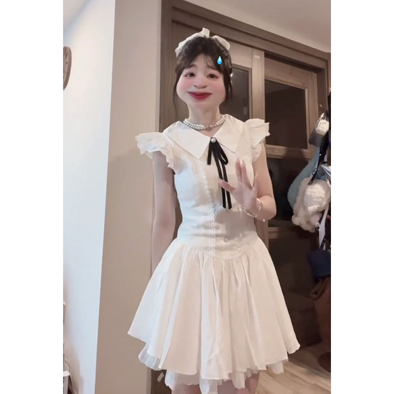 フレンチジェントルスタイルの小さなフライングスリーブホワイトドレス女性の夏の新しい甘いレースのリボンスカート|undefined