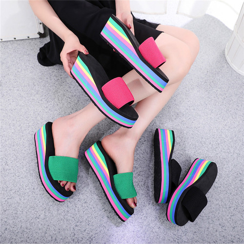 Slippers women's flip-flops women's summer rainbow thick-soled sandals high heels Internet celebrity color outer wear casual beach