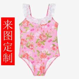 儿童女童氨纶拉架玫瑰花锦纶面料色牢度5级泳衣冲浪服泳装工厂