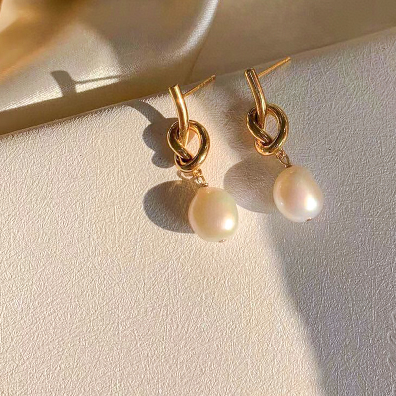 Korean Light Luxury Retro Baroque Pearl Earrings S925 Silver Needle Niche Design14k Gold-filled Knotted Earrings