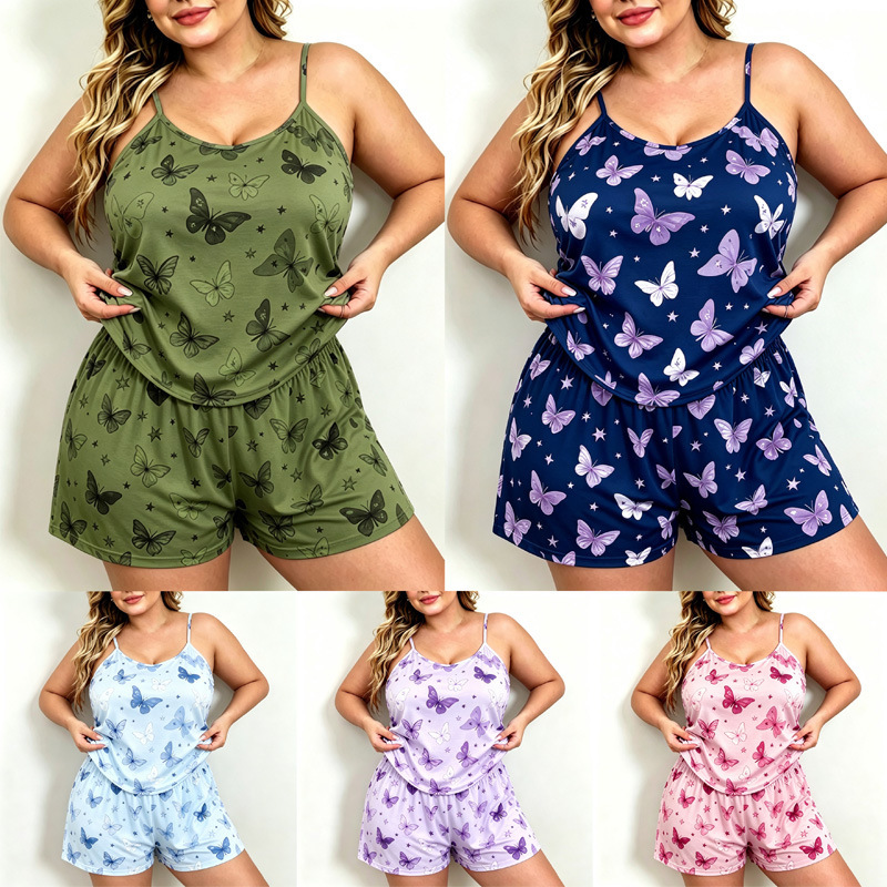 New cross-border plus-size women's clothing in European and American style, butterfly print pajamas, extra-large size, camisole shorts home wear set New cross-border plus-size women's clothing in European and American style, butterfly print pajamas, extra-large size, camisole shorts home wear set