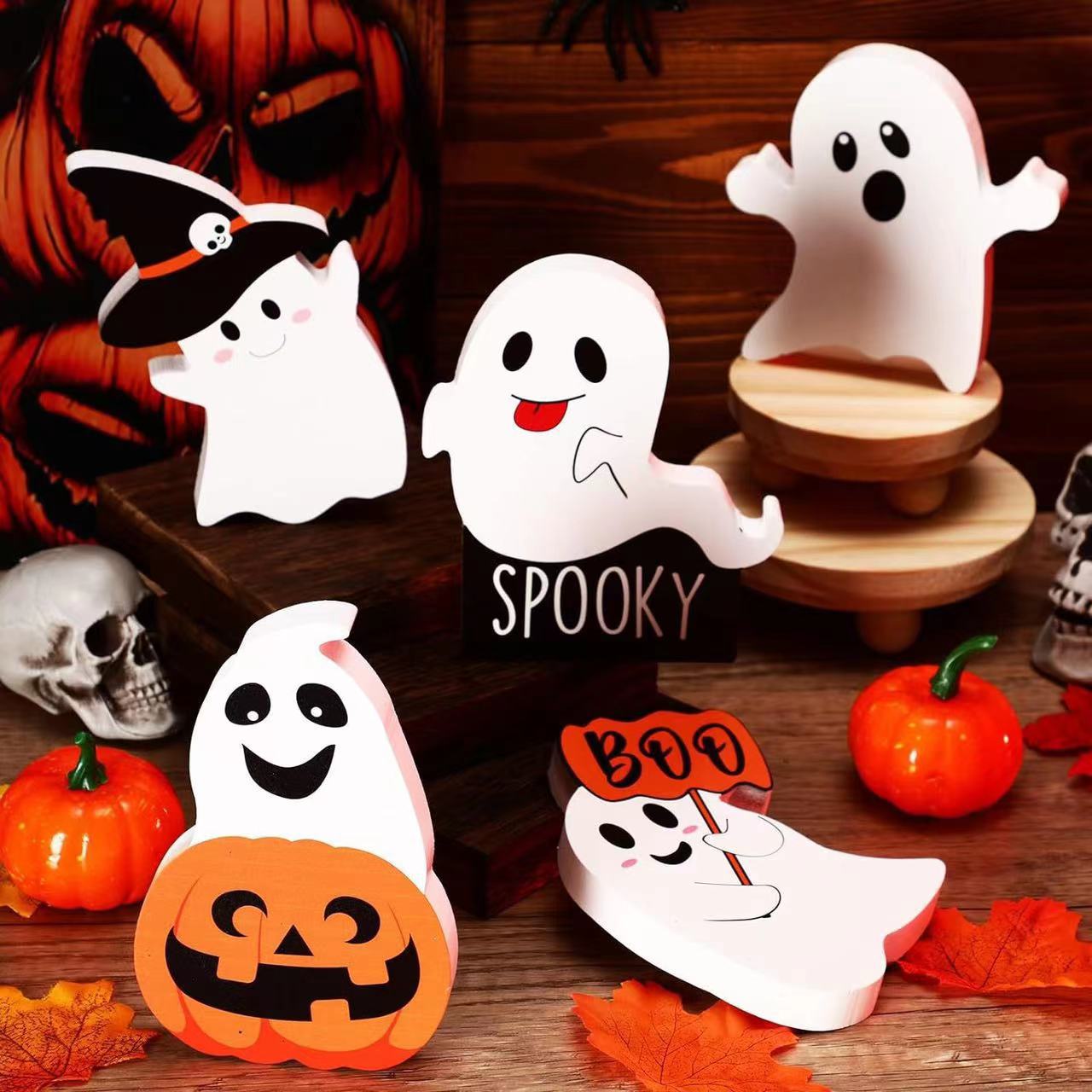 Decorațiuni de Halloween cu fantome drăguțe noi, set de 5 piese, decorațiuni pentru birou, material PVC_voghion.com
