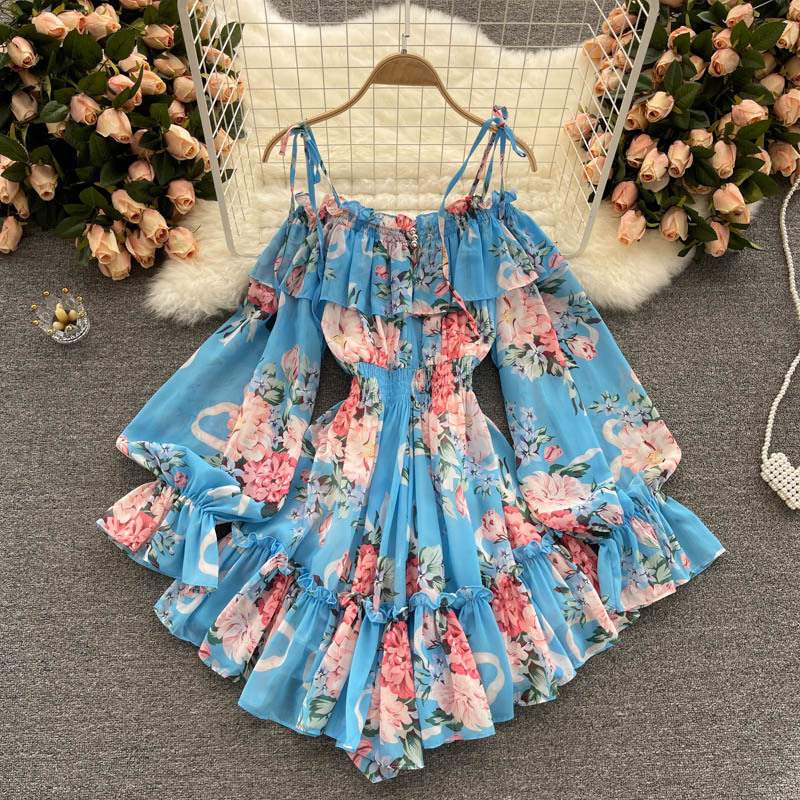 Vacation Style Jumpsuit Women's Summer One-Line Collar Off-Shoulder Puff Sleeves Slim Short Chiffon Printed Dress Pants Trendy