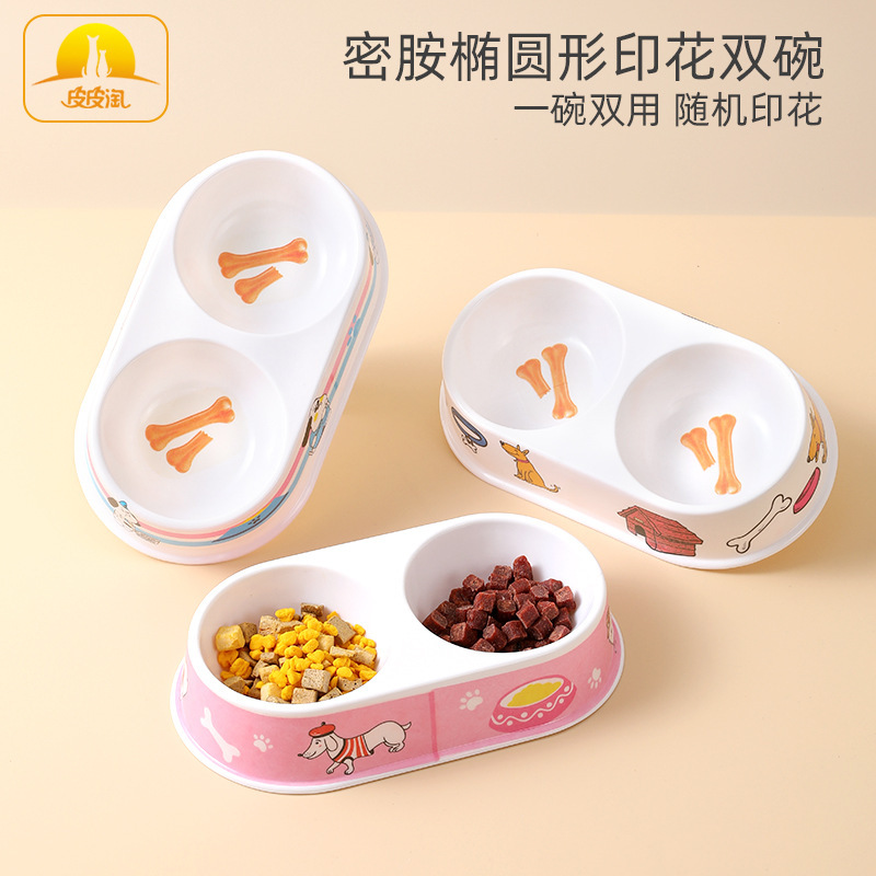 Spot Wholesale Pipitao Cross-Border Pet Feeder Oval Color Printed Melamine Pet Double Bowl