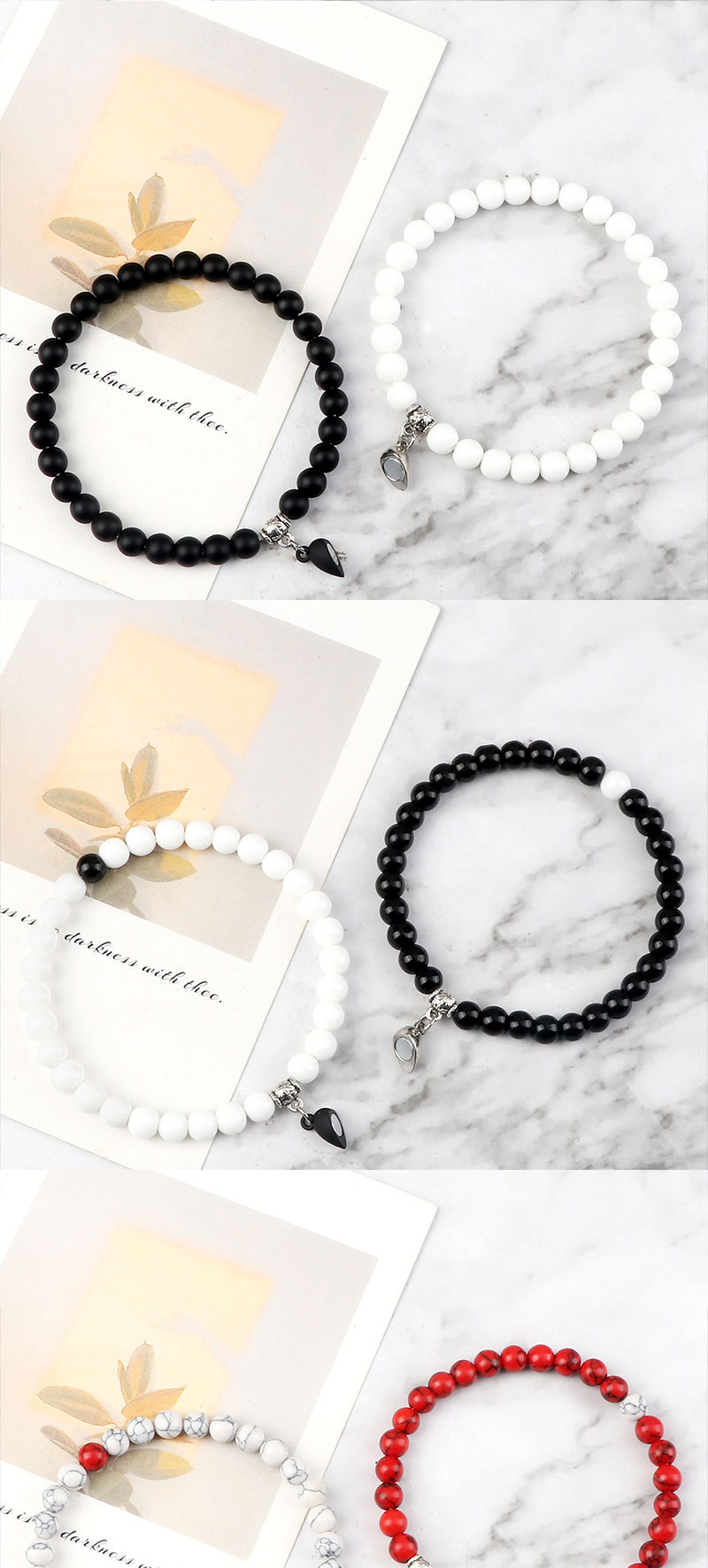Couple Beaded Magnetic Bracelets With Heart Shaped Buckle Set_voghion.com