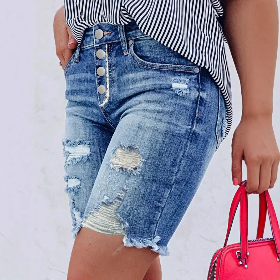 Shorts de Mezclilla Rotos para Mujer de Algodón y Poliéster Elástico Cintura Media