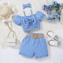 女童套裝2024夏季跨境歐美吊帶一字肩短款蝴蝶結收腰小衫短褲童裝