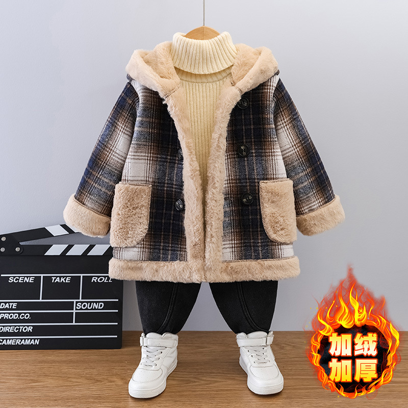 男童加绒加厚外套秋冬儿童呢子大衣时髦男孩中长款兔毛棉衣洋气潮