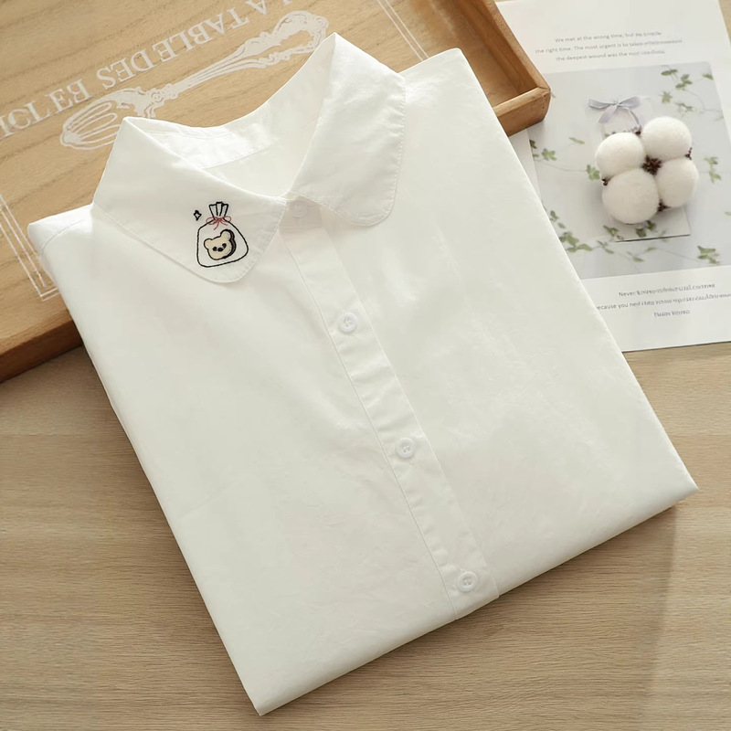 2026 Spring Artistic Fresh Cartoon Embroidered Bear Cookie Pure Cotton White Shirt Women's Long Sleeve Base Shirt for Students
