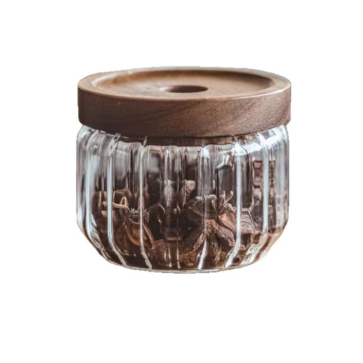 lata de té alta borosilicona vidrio contenedor tanque de almacenamiento cubierta de madera Acacia lata de almacenamiento lata de cáscara de naranja lata de sellado de vidrio rayado