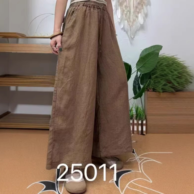 2026 Spring New Style Elastic Waist Patchwork Retro Solid Color Linen Casual Pants Plus Size Slimming Simple Straight Pants for Women