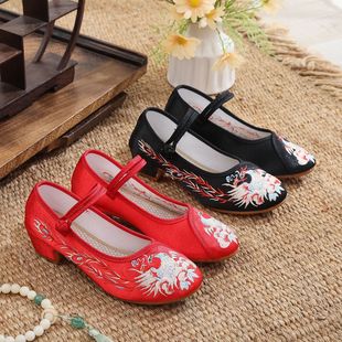 Fengwu 2025 New Square Heel Matching Cheongsam New Chinese Style Hanfu Shoes All-match Ethnic Style Single-layer Shoes Embroidered