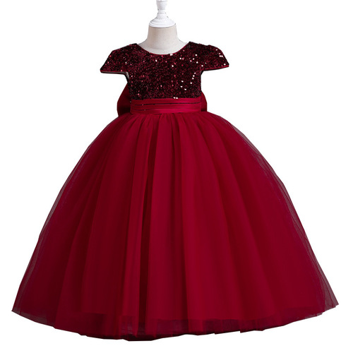 Girls' dress, evening dress, sequin mesh tutu skirt, long princess dress, sweet bow on the back
