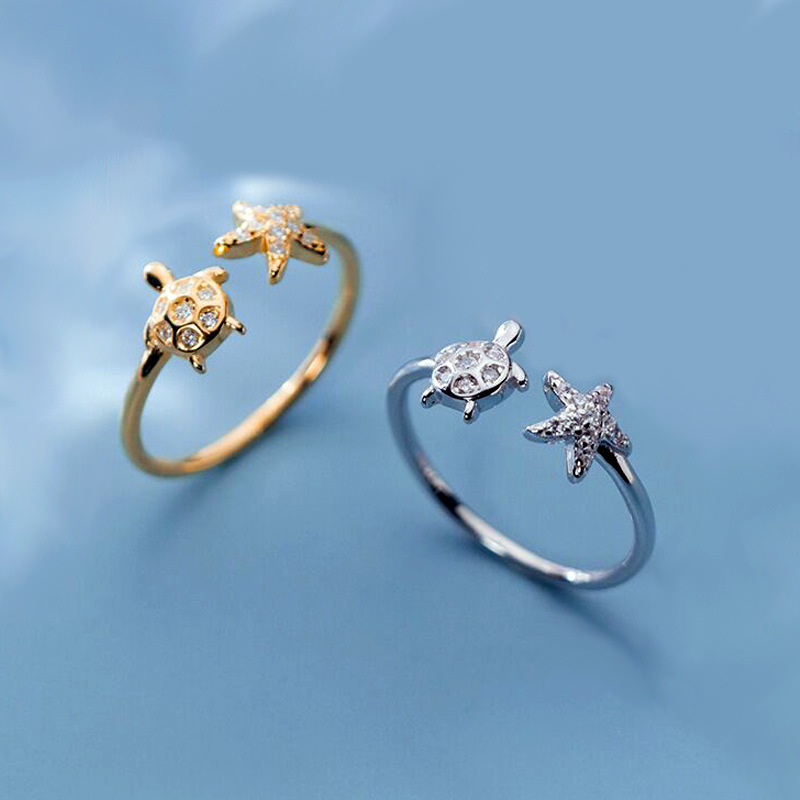 Adjustable Ring Size Cute Tortoise Star Copper Inlay Zircon Silver Plated Open Rings
