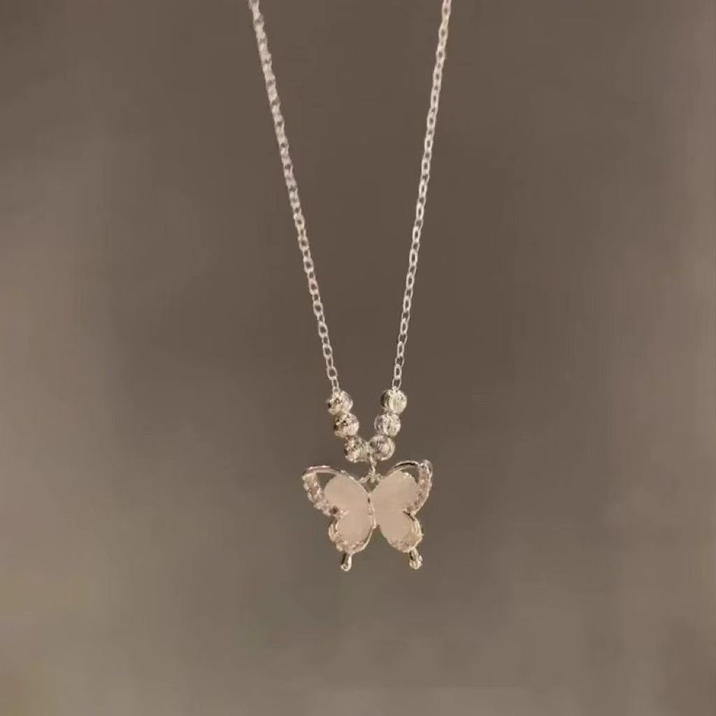 Cold Wind Ice Penetration Cat's Eye Stone Butterfly Necklace Exquisite High Color Value with Skirt Clavicle Chain for Women
