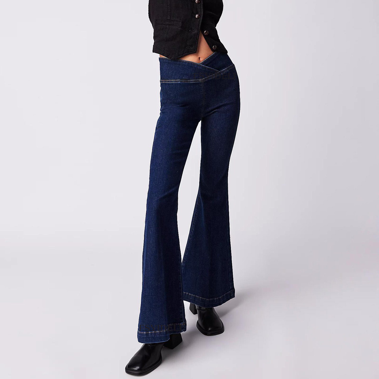 Women's Fashionable Irregular Slim High Waist Denim Flare Pants_voghion.com