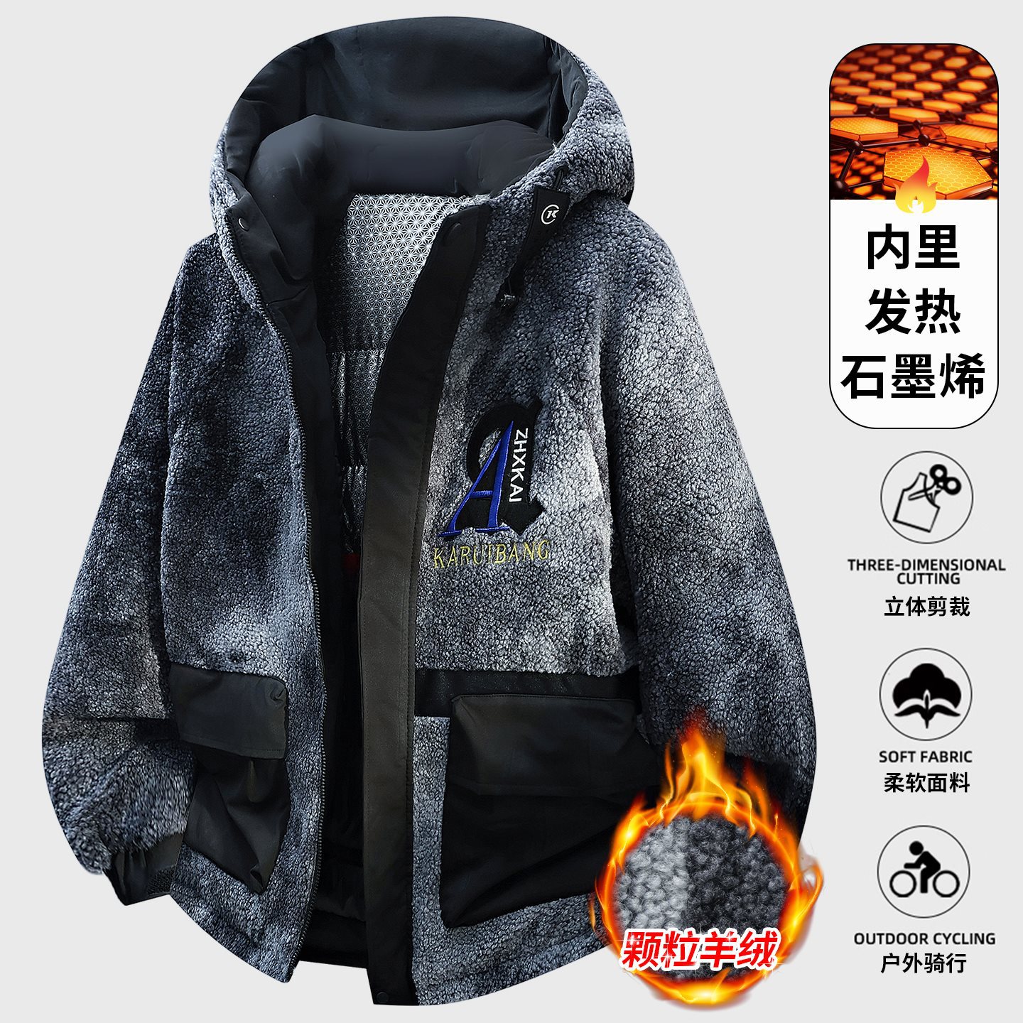 跨境大码石墨烯发热棉衣男 加绒加厚羽绒棉服  加棉羊羔绒棉衣外