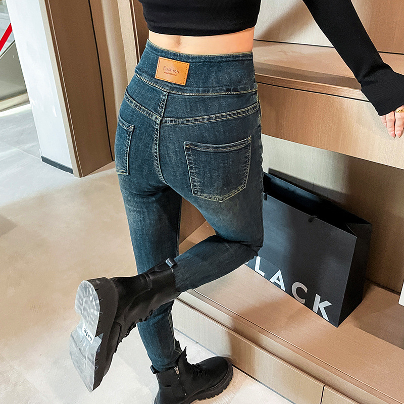 Cement grey super high waist three-breasted jeans for women tight small feet winter spring wear contrasting leather V-waist trousers