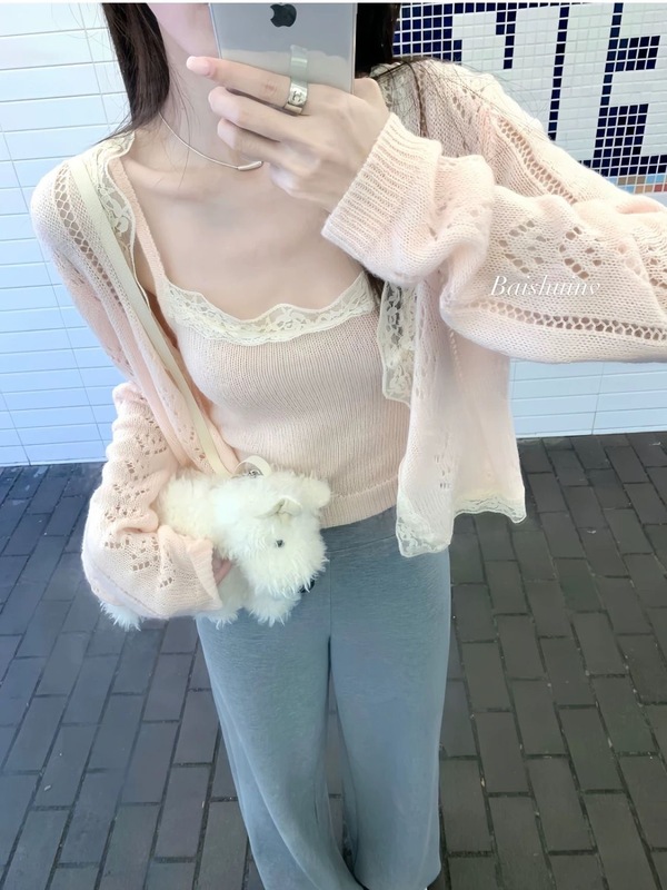ソフトピーチグループピンクニットカーディガン春と秋の新しいレースサスペンダー女性の春と秋のデザイン気質|undefined