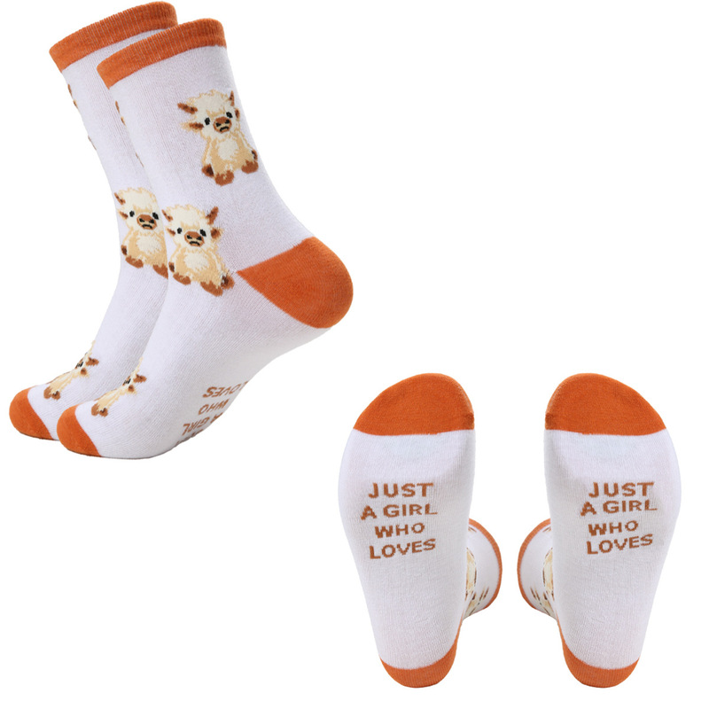 Cross-Border Socks Amazon New Product Highland Cow Left and Right Foot Letter Pattern Socks Color-Blocking Trendy Socks Mid-Calf Socks for Men