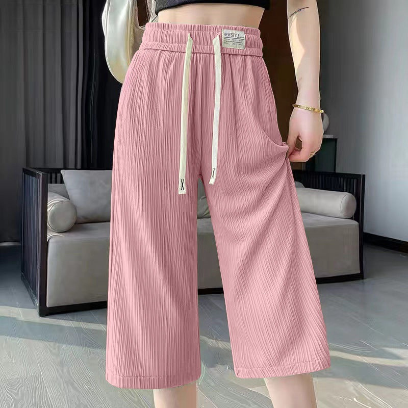 Ice Silk Capri Pants Women's Summer Women's 2025 New Thin Women's Pants High Waist Slimming Pink Pants Casual Wide Leg Pants