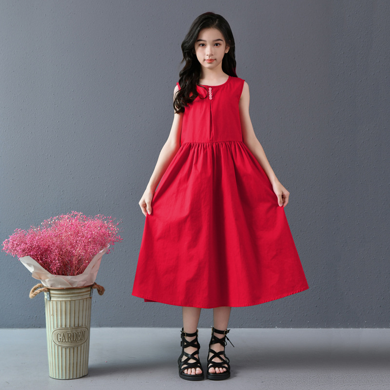 Vestido de chaleco de princesa sin mangas rojo retro francés para niñas verano nuevo estilo niña cintura delgada falda de longitud media