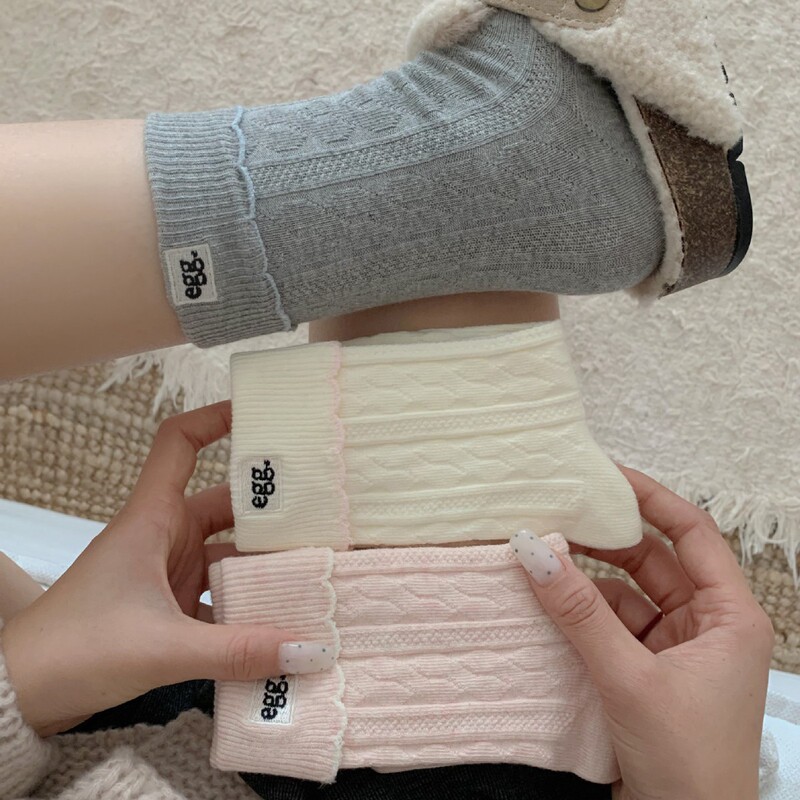 双针秋冬季刺绣egg甜美温柔袜子女款韩系氛围感棉袜花边翻边中筒|undefined