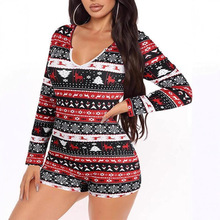 欧美2025新款秋冬圣诞印花网格印花长袖热裤V 领性感休闲连体衣女