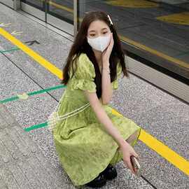 2025夏季法式碎花雪纺连衣裙胖MM大码洋气减龄泡泡袖绿色连衣裙子