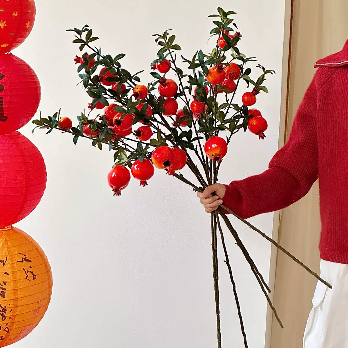 仿真花石榴果实客厅装饰玄关插花摆件餐桌假花树枝插花束仿真水果