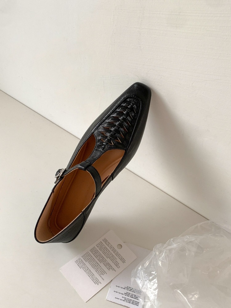 Giày Mary Jane nữ đan T-Strap da thật mũi vuông đế bệt — màu đen, bạc chi tiết 47