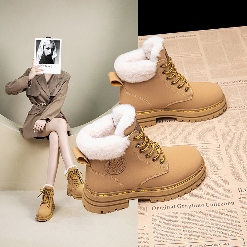 정품 가죽 마틴 부츠 여성용 새 코튼 신발 기모 여성용 신발 대황 부츠 따뜻한 짧은 부츠 여성 신발 코튼 부츠 스노우 부츠
