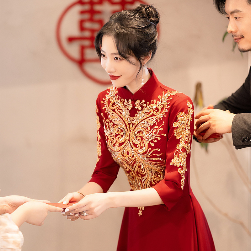 Chinese-Style Modified Cheongsam Wedding Dress for Bride 2026 New Model High-End Burgundy Long-Sleeve Plus-Size Engagement Dress for Women