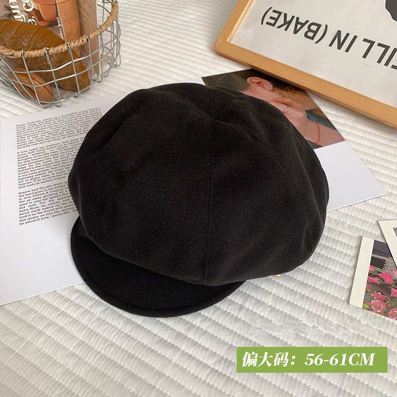 Boina negra de boca de pato nubes versátil cara pequeña sombrero de octogono otoño y invierno artístico gran cinturón de cabeza pintor sombrero hombre