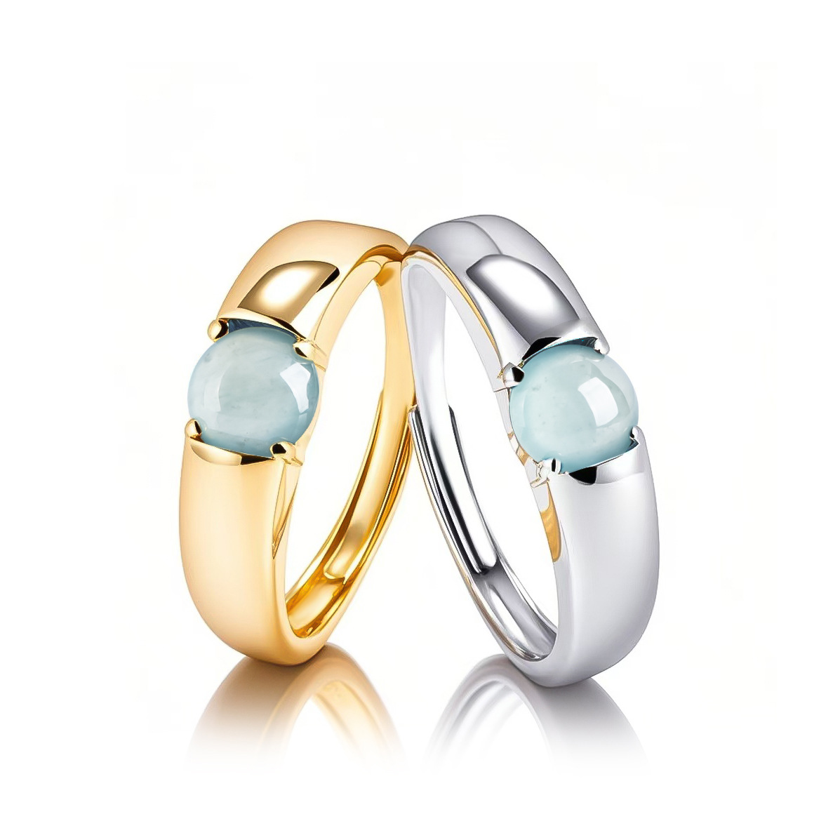 S925 Silver Embossed with Natural A-Grade Jadeite Blue Water Egg Pendant Ice Species Jade Ring, Fashionable and Simple Women's Adjustable