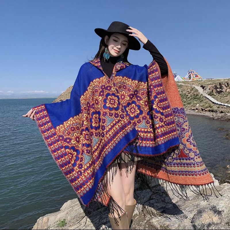 百花争艳披肩女民族风新疆西藏沙漠旅游穿搭披风保暖加厚斗篷外搭|undefined