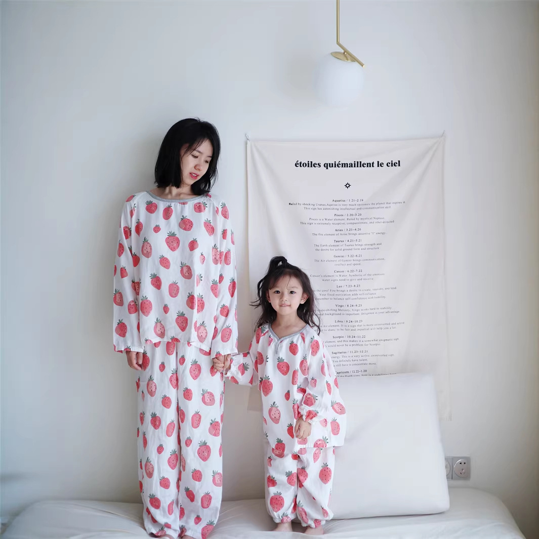 Parent-Child Home Wear Bamboo Cotton Gauze Long-Sleeve Long-Pants Set, All-Season Pajamas and Sleep Pants, Cartoon Moisture-Wicking for Toddlers