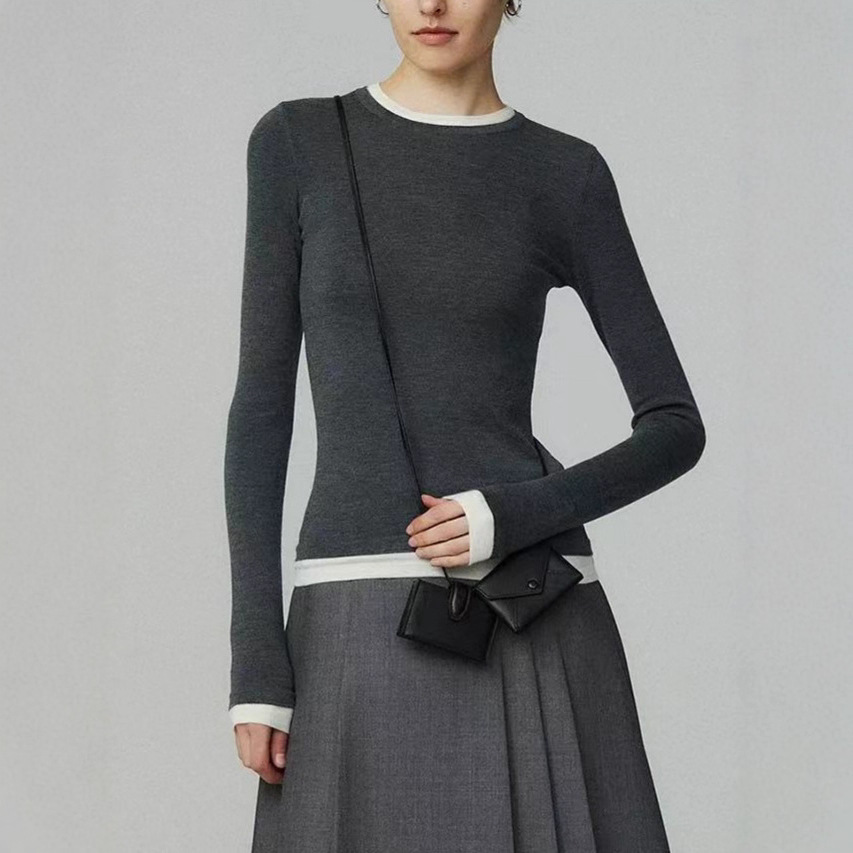 开间/德国BIELLA160s黄金羊毛120s可水洗 撞色假两件多领针织打底