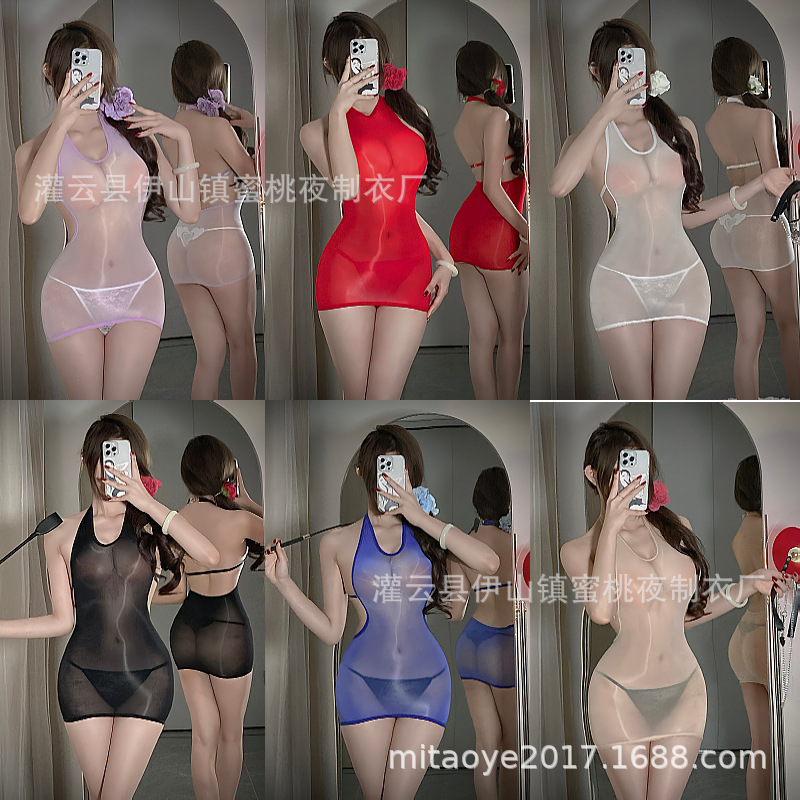 Sexy Underwear Women's Sexy V-Neck Short Skirt Thin Gloss Perspective Tight Silky Horse Oil Hip Black Silk Stockings