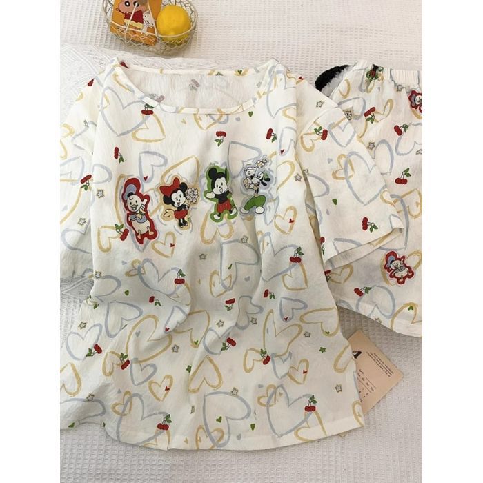 Venta al por mayor transfronteriza de verano con almohadilla para el pecho pijamas pantalones cortos de manga corta para mujer, lindo traje de servicio a domicilio coreano, nube de algodón