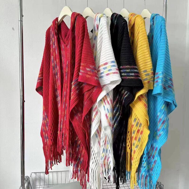 Travel Ethnic Style All-match Fashion Cape Cape Spring and Autumn Color Striped Fringe Hooded Women's Sweater