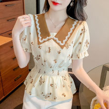 雪纺衬衫女短袖2025新款夏季卡腰小衫短款洋气娃娃领碎花上衣