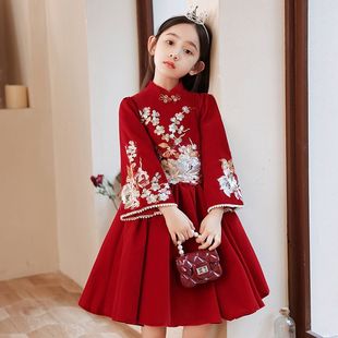 Girls' Cheongsam Chinese Style Red Children's Dress for New Year Winter Thickened Tang Suit New Year Outfit Autumn and Winter for Girls