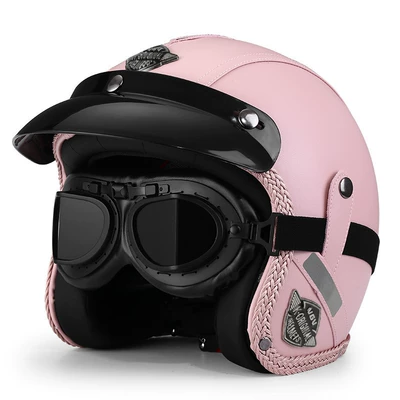 Women, Winter Warm Motorcycle 3/4, Motosiklet dəbilqələri - m-retro-pink-leather-glasses-free-hat-brim-face-towel