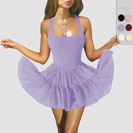 亚马逊爆款欧美女装挂脖网纱裙裤防走光内村网球裙黄色连衣裙夏季