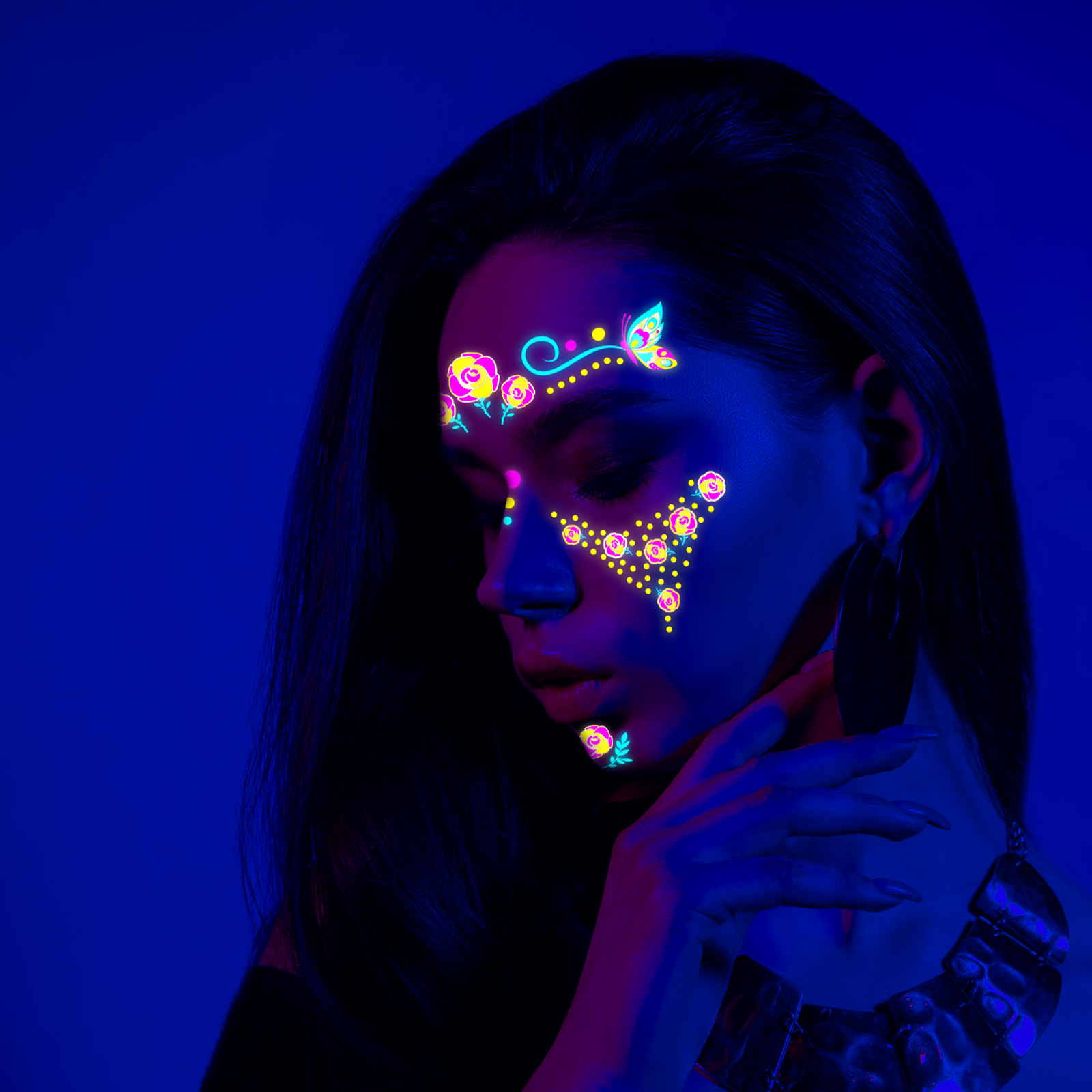 Tatuaje Temporal Facial Fluorescente de Papel de Transferencia de Agua, Impermeable y Luminoso, para Festival de Música y Discoteca