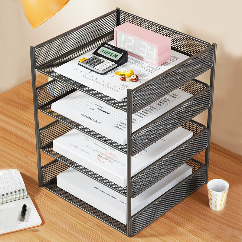Metal document organizer — reinforced mesh storage box, 2–5 tiers, vertical or horizontal layout