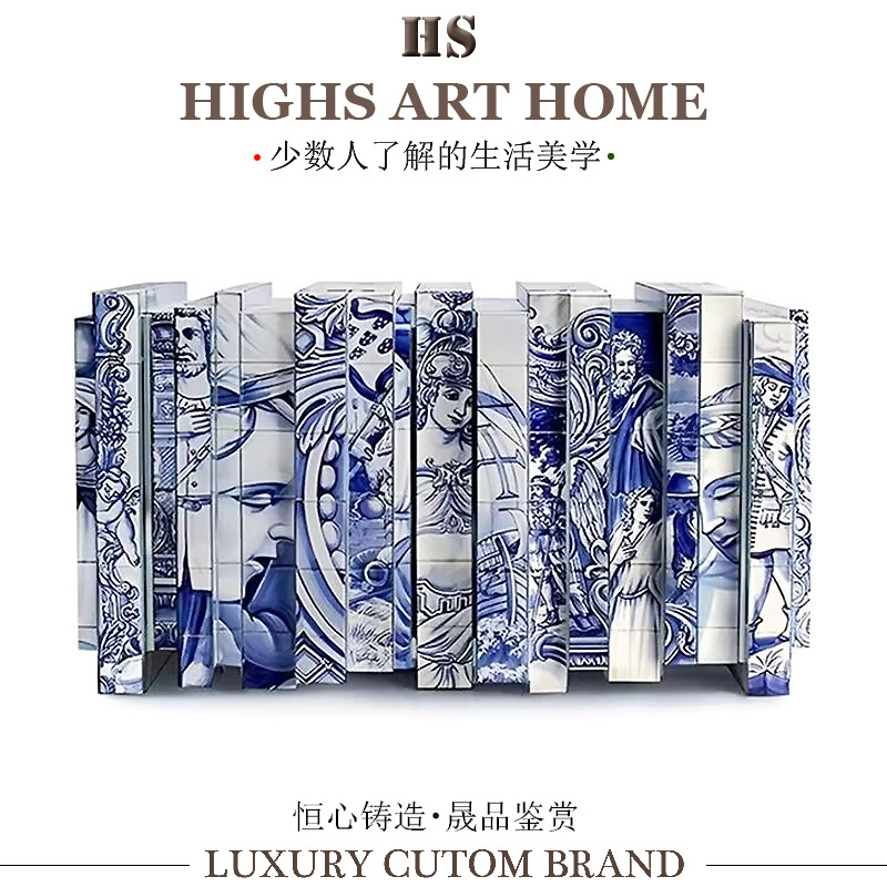 Portuguese Solid Wood Hand-Painted Sideboard Designer Entryway Foyer Cabinet with Blue and White Porcelain Storage, All Solid Wood