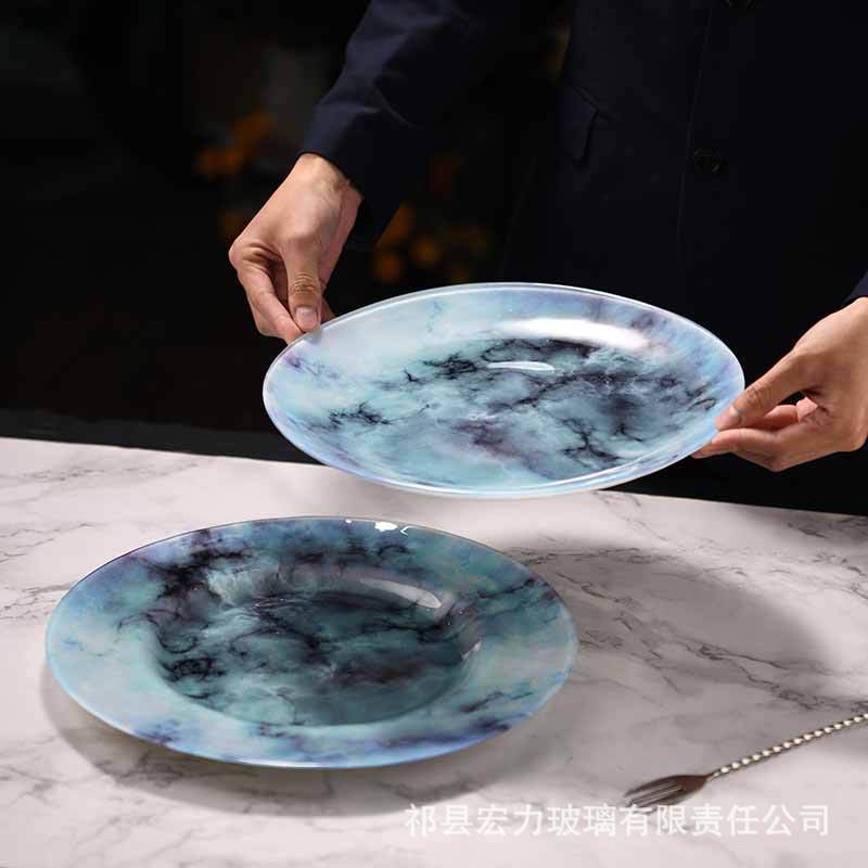 Sky blue imitation marble glass Western plate dessert plate fruit plate snack plate hotel high-grade plate